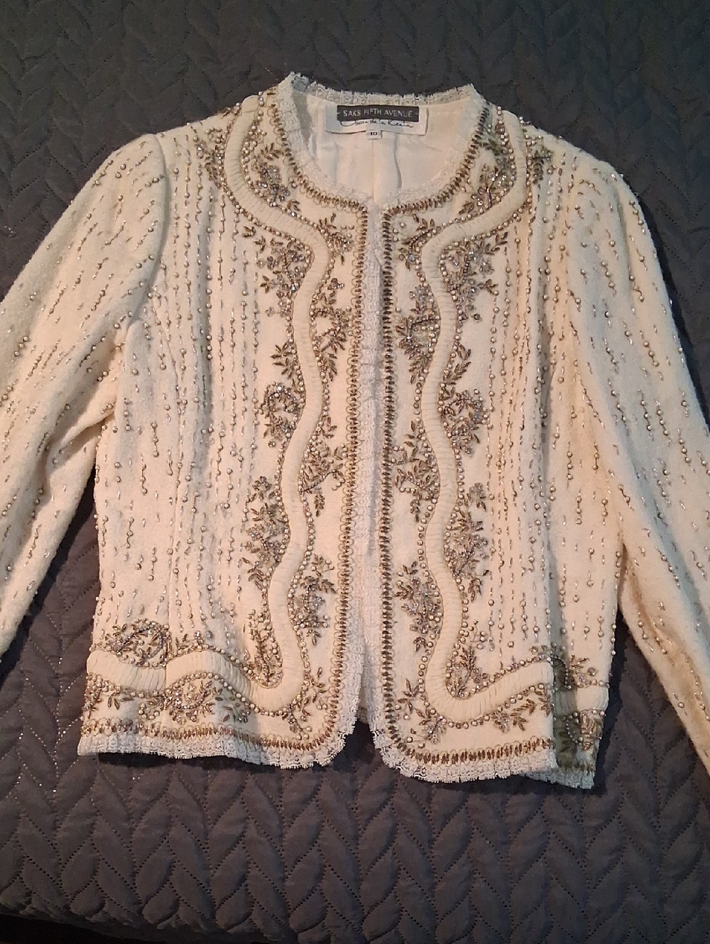 Saks Fifth Avenue OSCAR DE LA RENTA Cream Jacket with Gold Bead Embellishment